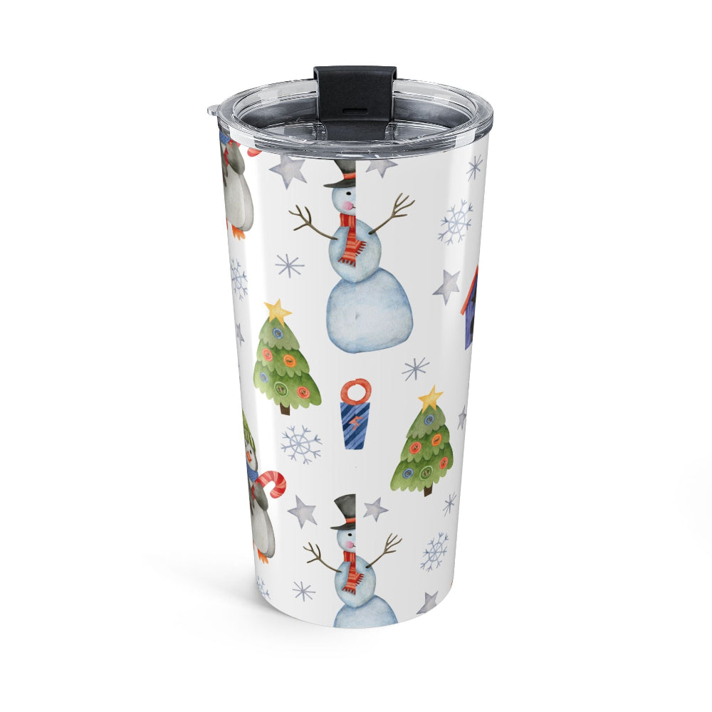 Clear tumbler with Christmas-themed design featuring snowmen and trees on a white background