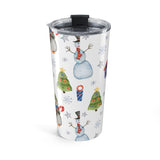 Clear tumbler with Christmas-themed design featuring snowmen and trees on a white background
