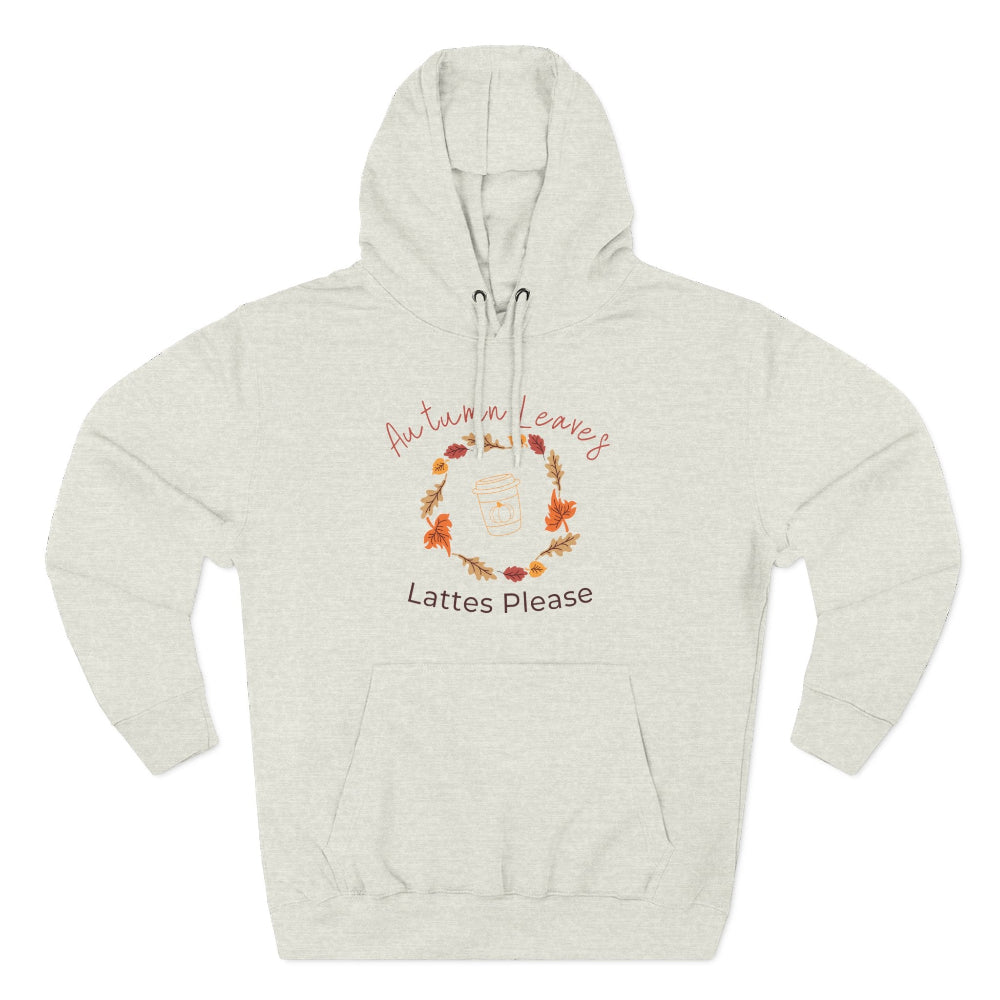 Beige hoodie with autumn-themed design on a white background