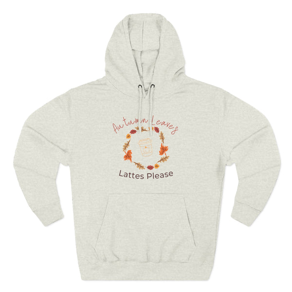 Beige hoodie with autumn-themed design on a white background