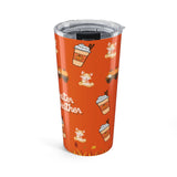 Orange tumbler with coffee cup and fox pattern on a white background