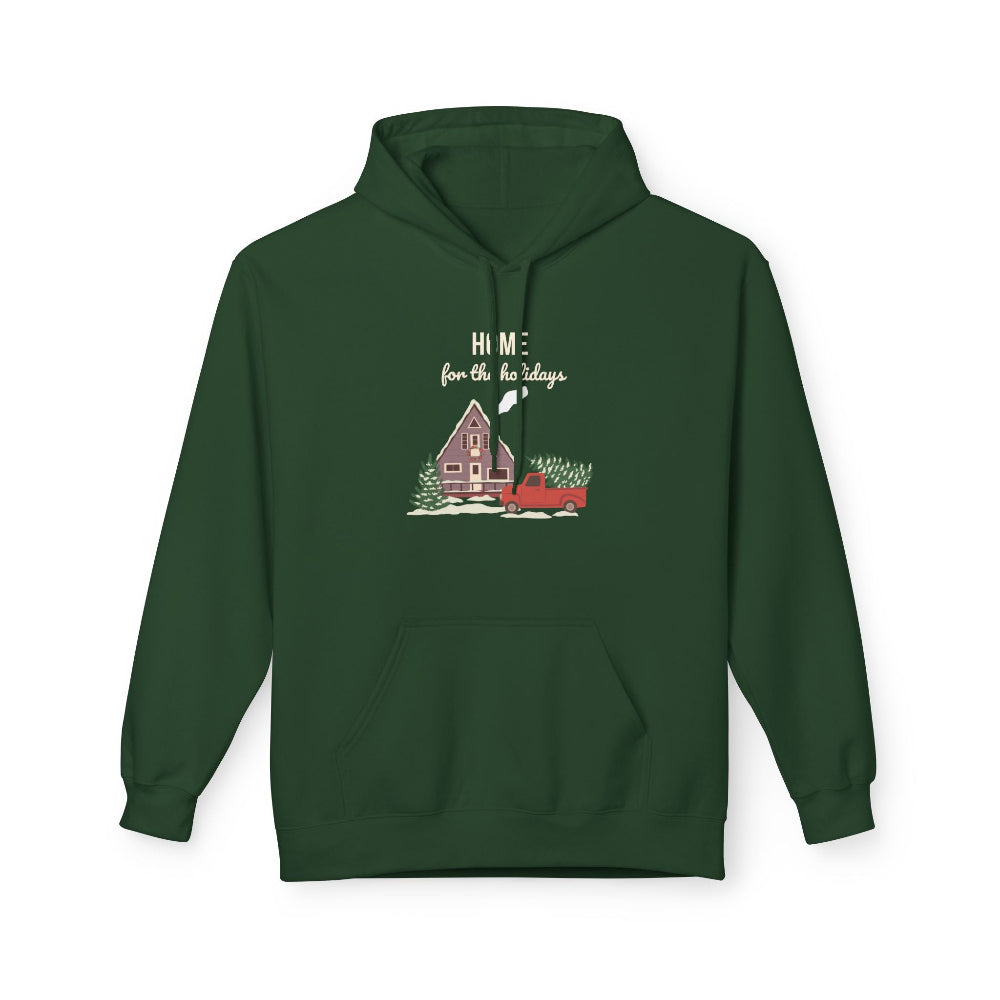 Green hoodie with a graphic of a house and truck and text 'Home for the holidays' on a white background