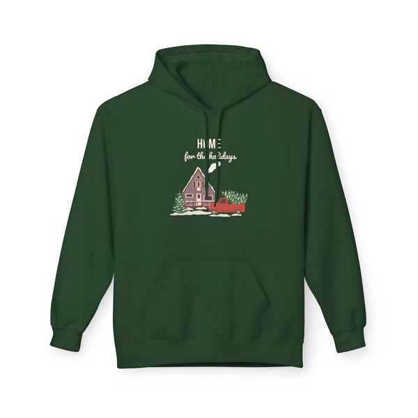 Green hoodie with a graphic of a house and truck and text 'Home for the holidays' on a white background