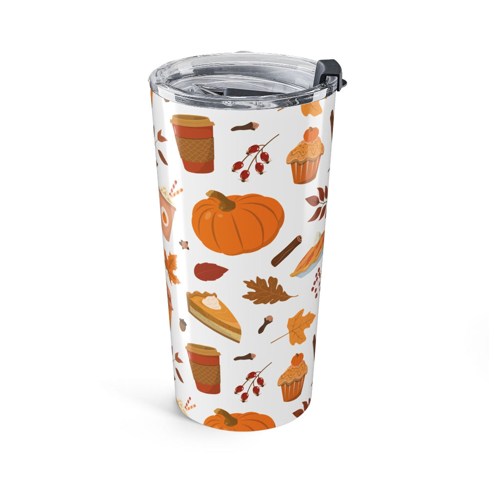 Tumbler with autumn-themed design on a white background