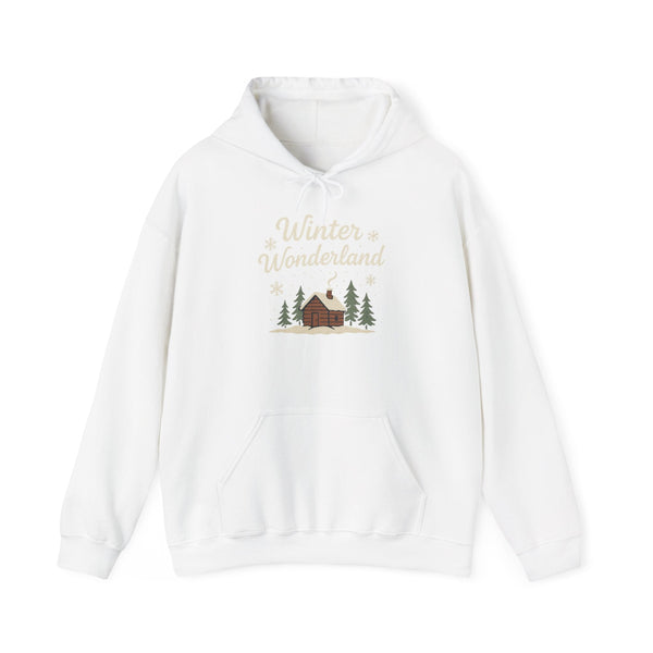 White hoodie with 'Winter Wonderland' text and cabin design on a white background