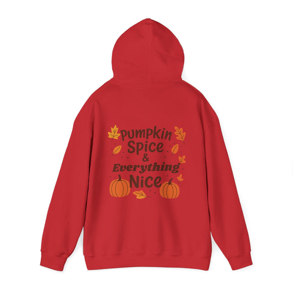 Red hoodie with 'Pumpkin Spice & Everything Nice' text and pumpkins on a white background