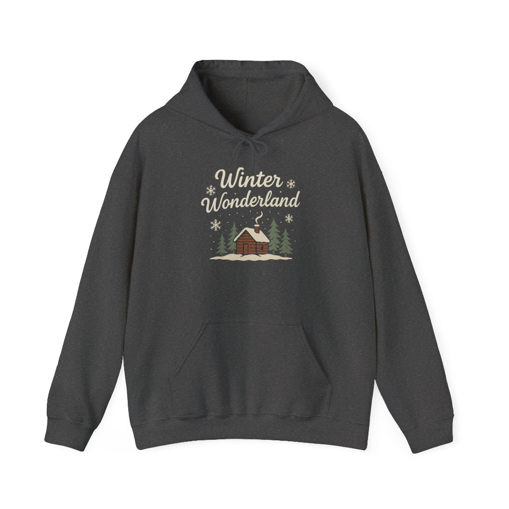 Dark gray hoodie with 'Winter Wonderland' text and cabin graphic on a white background