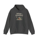 Dark gray hoodie with 'Winter Wonderland' text and cabin graphic on a white background
