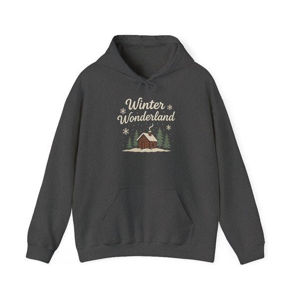 Dark gray hoodie with 'Winter Wonderland' text and cabin graphic on a white background