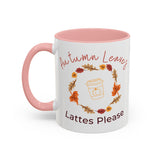 White mug with pink interior and handle, featuring autumn-themed design and text.