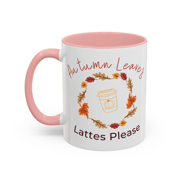 White mug with pink interior and handle, featuring autumn-themed design and text.