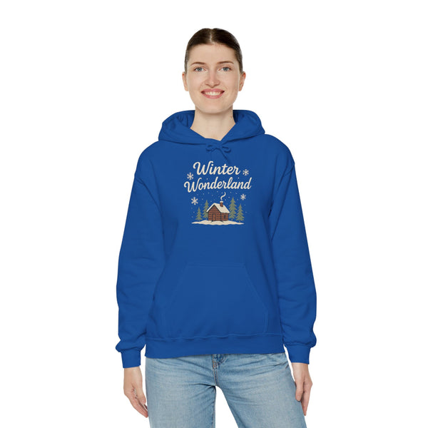 Person wearing a blue hoodie with 'Winter Wonderland' design on a white background