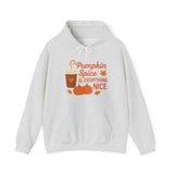 Gray hoodie with 'Pumpkin Spice & Everything Nice' text and graphics on a white background