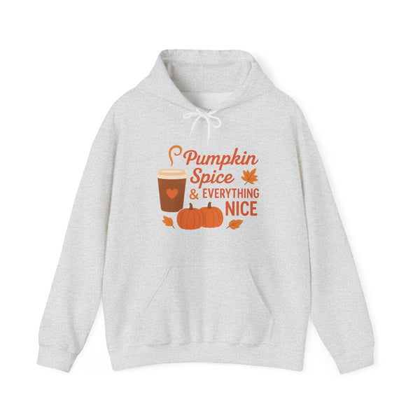 Gray hoodie with 'Pumpkin Spice & Everything Nice' text and graphics on a white background