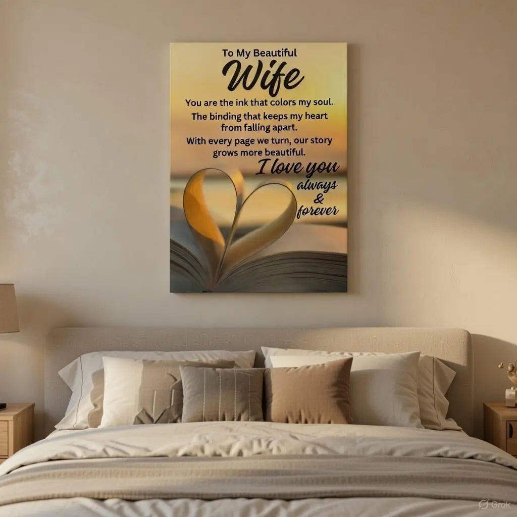 Canvas print with romantic message and heart design above a bed in a bedroom.