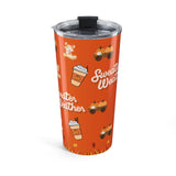 Orange tumbler with autumn-themed illustrations and text on a white background