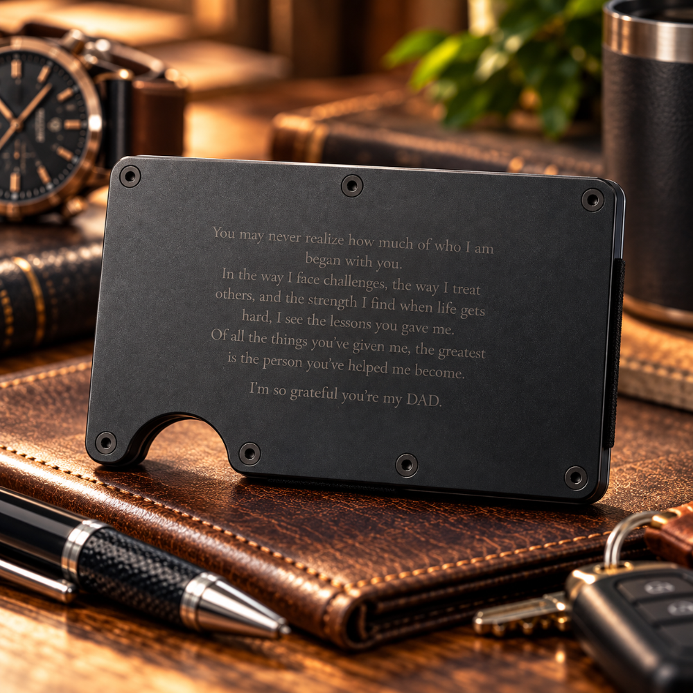A black metal money clip wallet with engraved sentimental text for a dad, displayed on a brown leather notebook with a pen, keys, and a watch in the background.