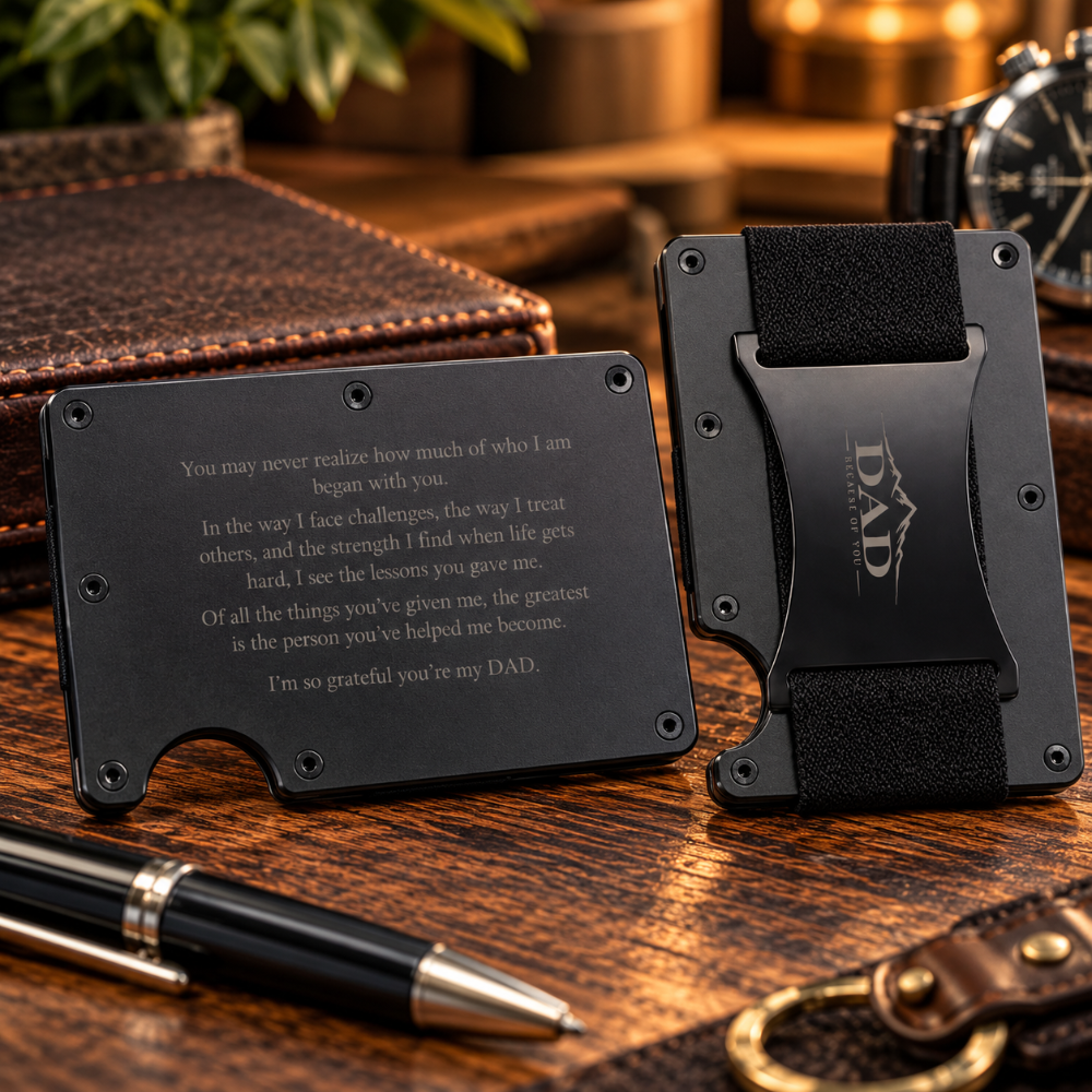 A black metal card holder wallet with a velvet money clip and a printed message for Dad, displayed next to its side on a wooden desk with a pen and leather accessories.