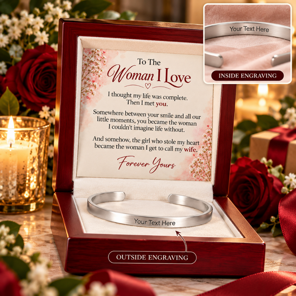 A silver engraved bangle bracelet presented in an open dark red gift box with a sentimental message card. The image includes a top-right inset showing the inside engraving and a bottom label pointing to the outside engraving.