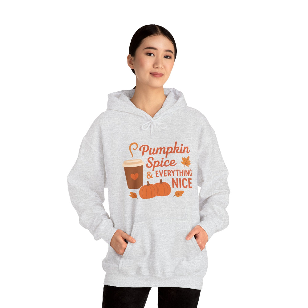 Person wearing a gray hoodie with 'Pumpkin Spice & Everything Nice' text and graphics on a white background