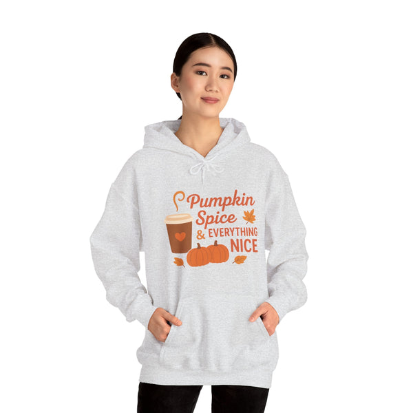 Person wearing a gray hoodie with 'Pumpkin Spice & Everything Nice' text and graphics on a white background