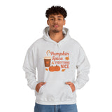 Person wearing a white hoodie with 'Pumpkin Spice & Everything Nice' text and graphics.