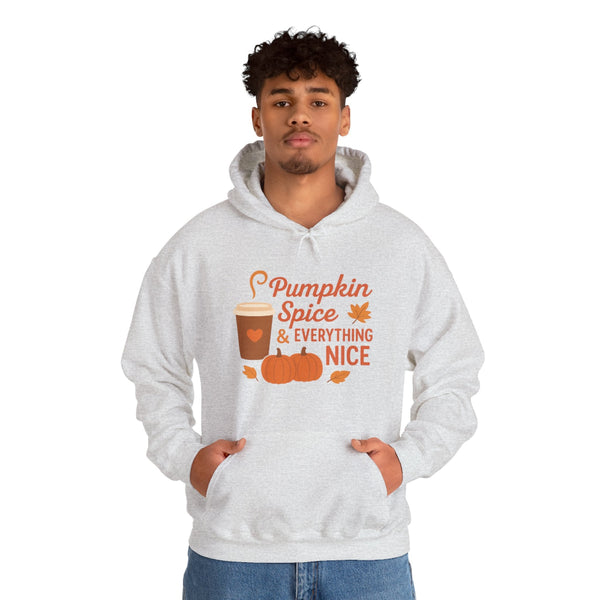 Person wearing a white hoodie with 'Pumpkin Spice & Everything Nice' text and graphics.