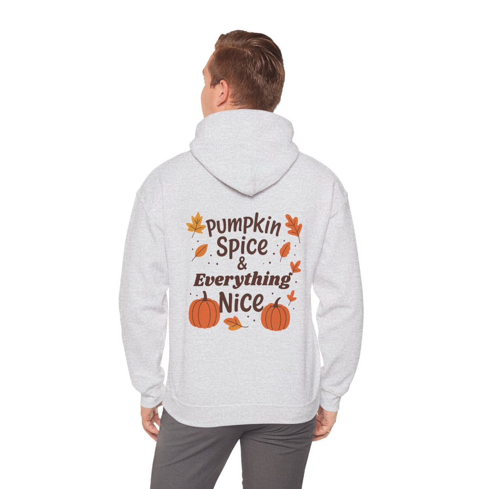 Person wearing a gray hoodie with 'Pumpkin Spice & Everything Nice' text and pumpkins on the back.