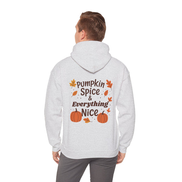 Person wearing a gray hoodie with 'Pumpkin Spice & Everything Nice' text and pumpkins on the back.