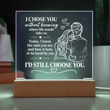 A rectangular acrylic LED night light on a wooden base, featuring a romantic quote and an illustration of a couple from behind, displayed on a tabletop.