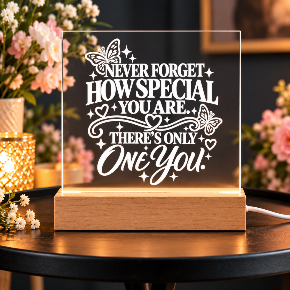 A glowing acrylic LED night light with a wooden base sits on a dark table in a warmly lit room. The clear panel displays the phrase “Never Forget How Special You Are.