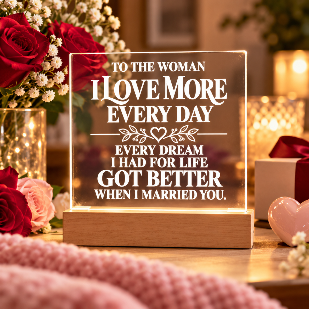 A rectangular acrylic LED light sign on a wooden base, displaying a romantic wedding message about a woman. The sign is styled on a wooden table surrounded by red and pink roses, a pink knit blanket, and warm glowing candles in the background.