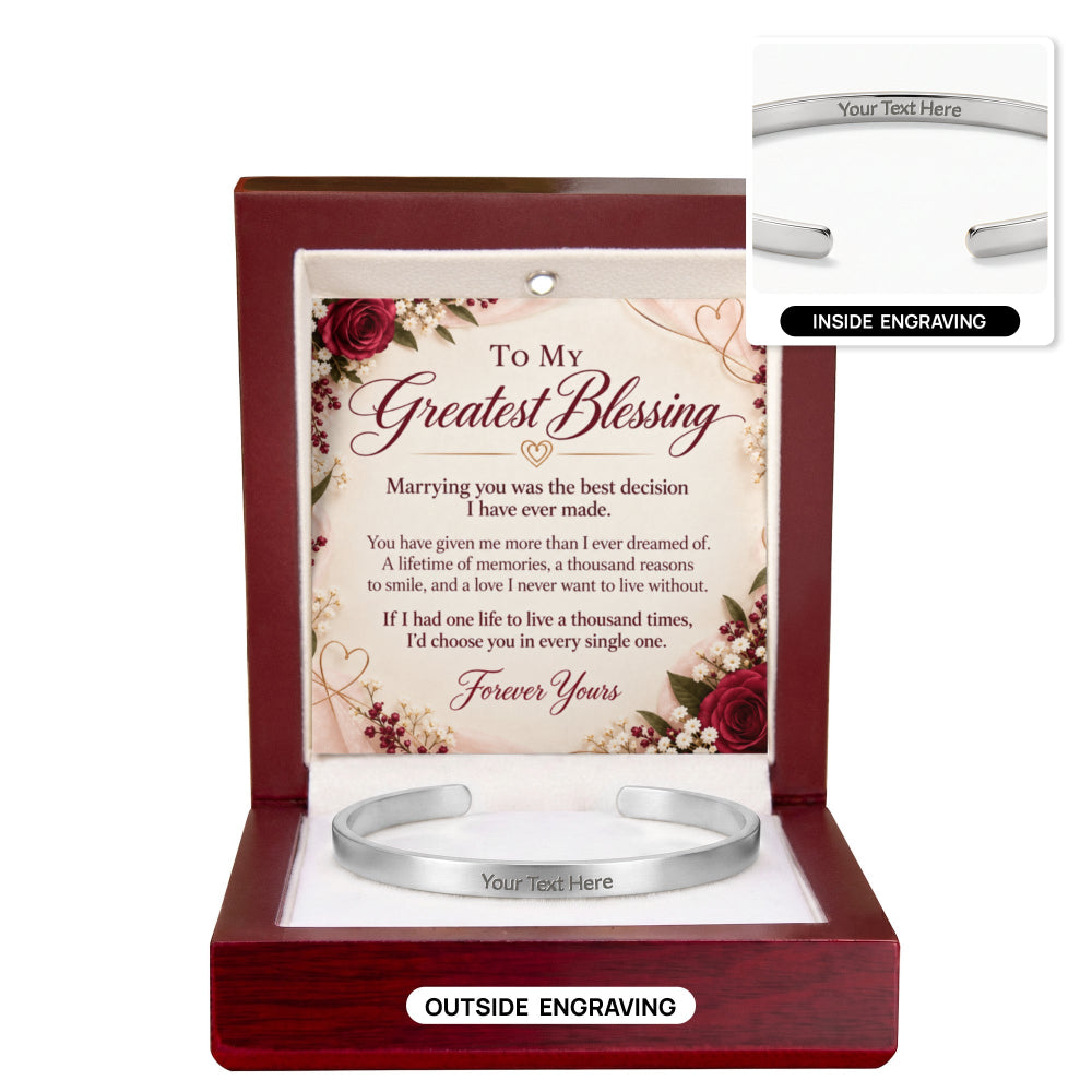 A silver cuff bracelet displayed inside an open reddish-brown wooden gift box with a printed message card. The image includes two inset callouts showing the bracelet engraved on the outside and inside, with placeholder text 'Your Text Here'.