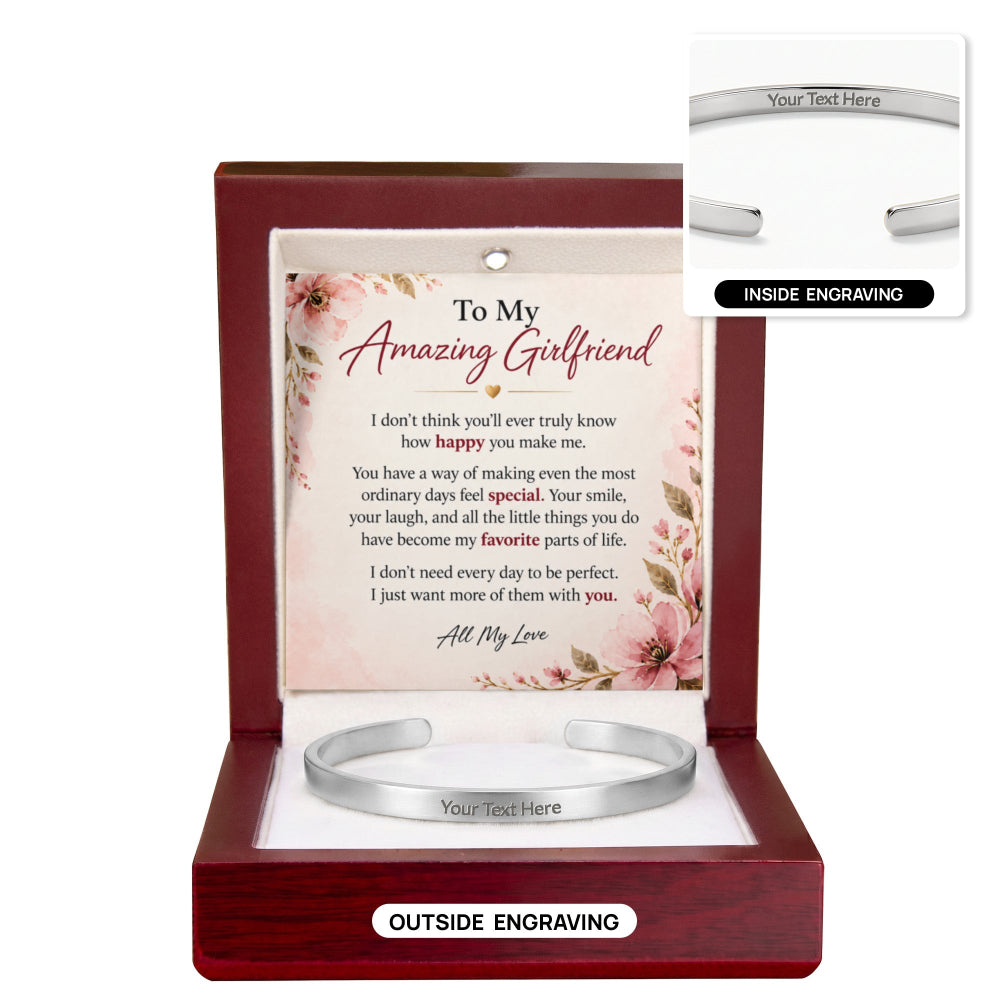 A silver engraved gift bracelet displayed in an open wooden presentation box with a floral message card. The image includes inset callouts showing inside engraving and outside engraving options.