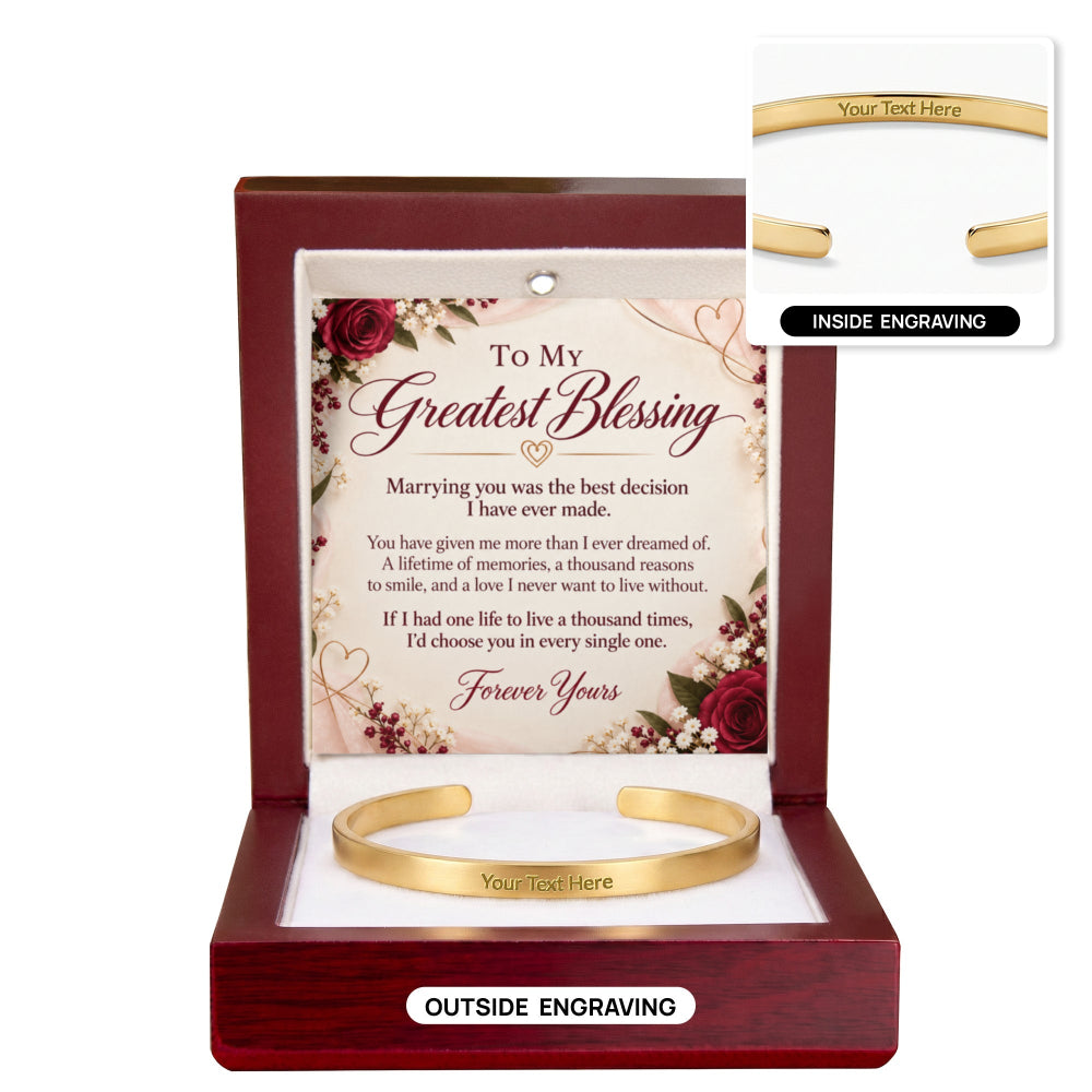 A gold-plated bangle bracelet displayed inside a dark wood gift box with a floral message card. The image includes two inset callouts showing customization options: 'INSIDE ENGRAVING' and 'OUTSIDE ENGRAVING', with placeholder text 'Your Text Here' on the bracelet.