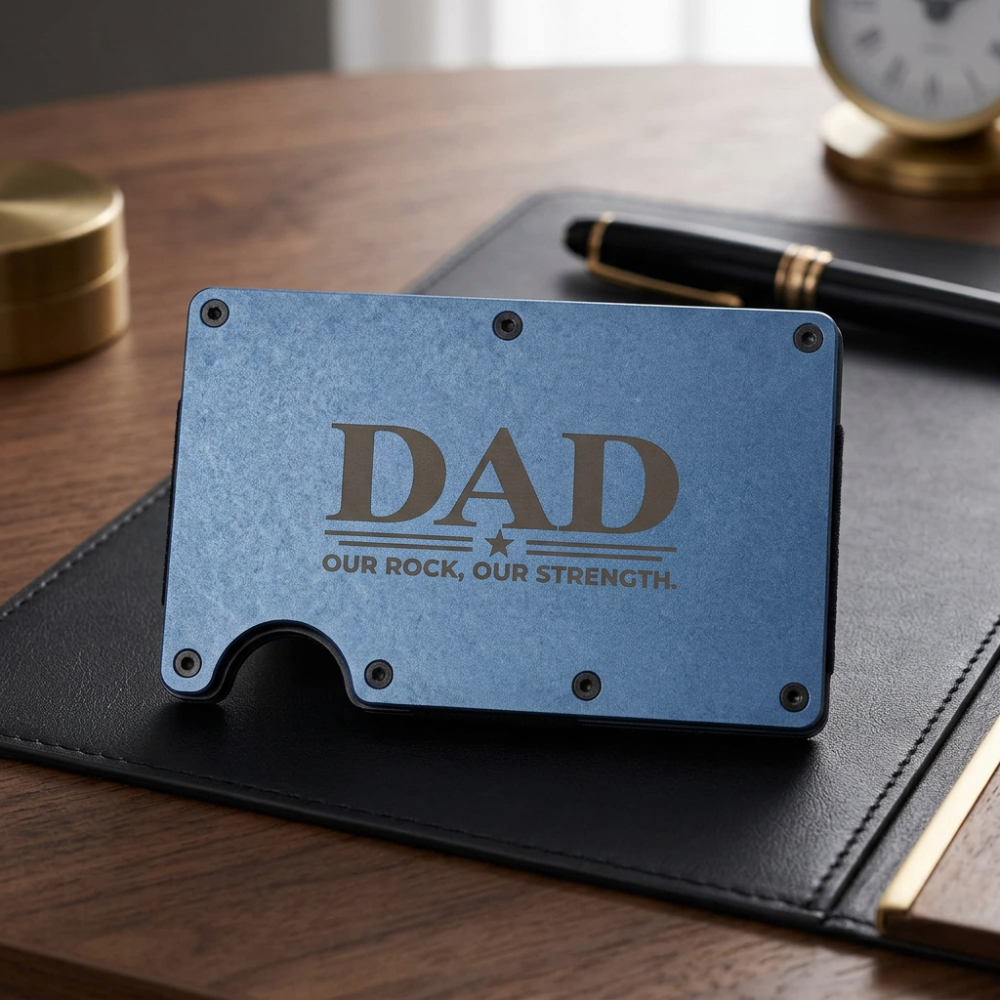 A blue metal card holder wallet with a cutout for a card, featuring the text 'DAD OUR ROCK OUR STRENGTH' in a metallic gold tone on the front, set against a plain white background.