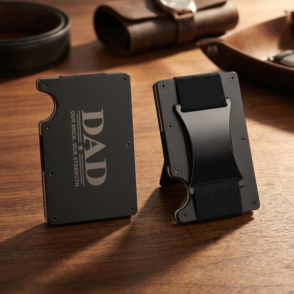 A black metal card holder wallet shown from both front and back sides on a white background. The front side features a cutout for a keychain and the words 'DAD OUR ROCK OUR STRENGTH.