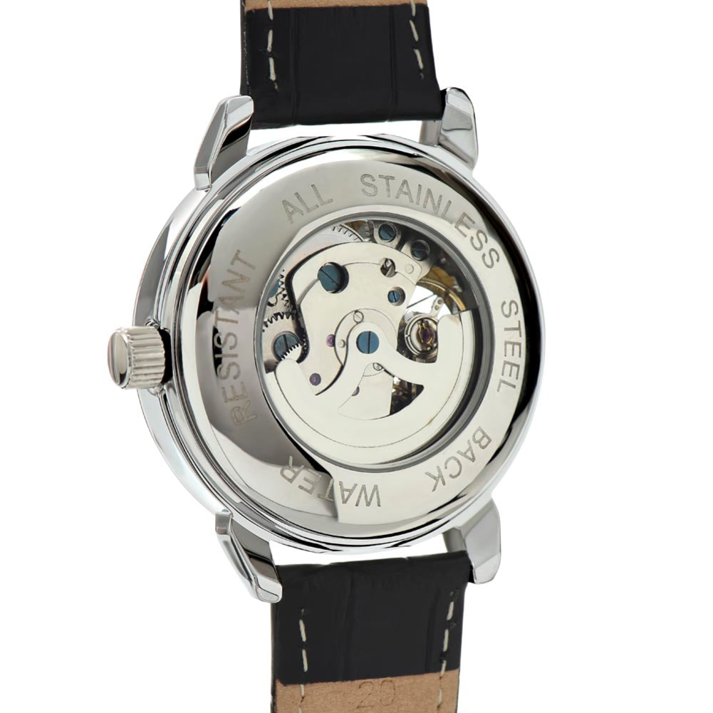 Mechanical watch with black strap on a white background