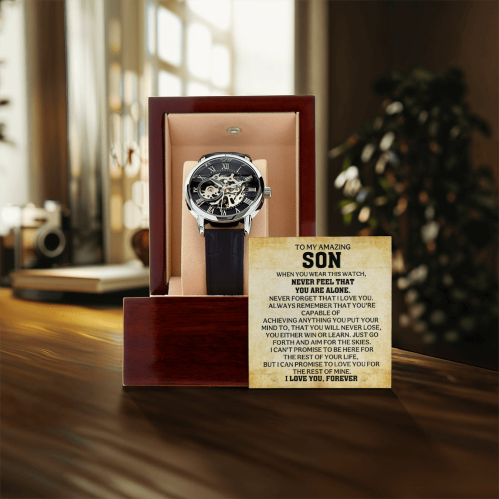 Automatic skeleton watch for son displayed in a mahogany-style luxury gift box with an inspirational To My Amazing Son message card.