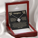 A personalized necklace gift set for a daughter, featuring a silver heart-shaped pendant necklace with a clear stone, displayed on a black printed message card inside a red wooden presentation box with a white satin background.