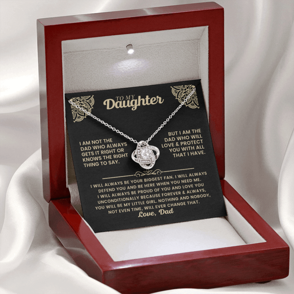 A personalized necklace gift set for a daughter, featuring a silver heart-shaped pendant necklace with a clear stone, displayed on a black printed message card inside a red wooden presentation box with a white satin background.