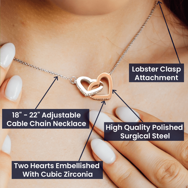 Necklace with heart design and adjustable cable chain on a person's neck, labeled features.