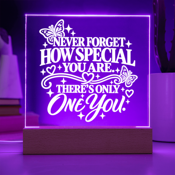 Encouraging acrylic keepsake for daughter illuminated with purple LED light