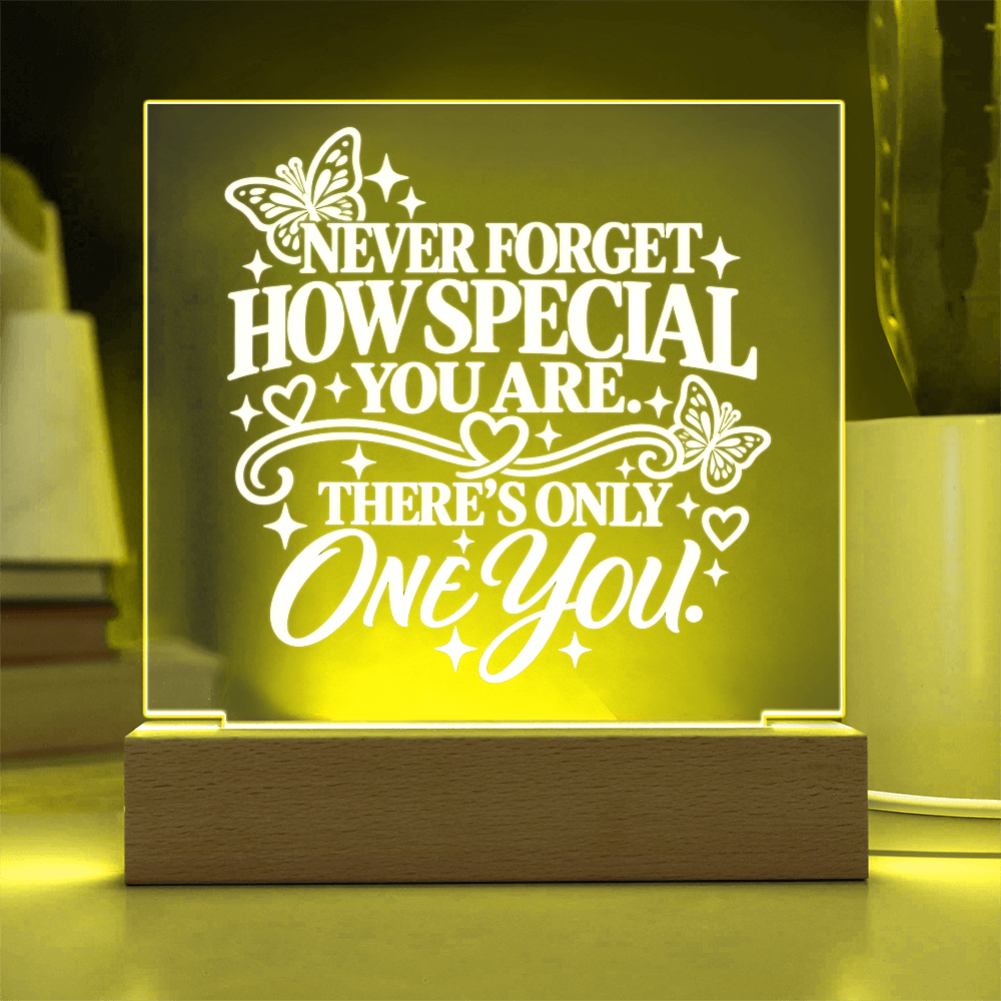 One of a Kind acrylic keepsake for daughter illuminated with yellow LED light