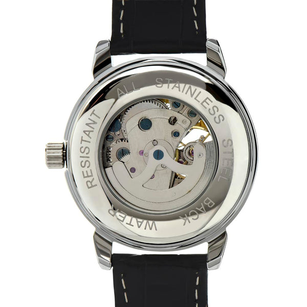 Back of automatic skeleton watch showing the visible mechanical movement through the case