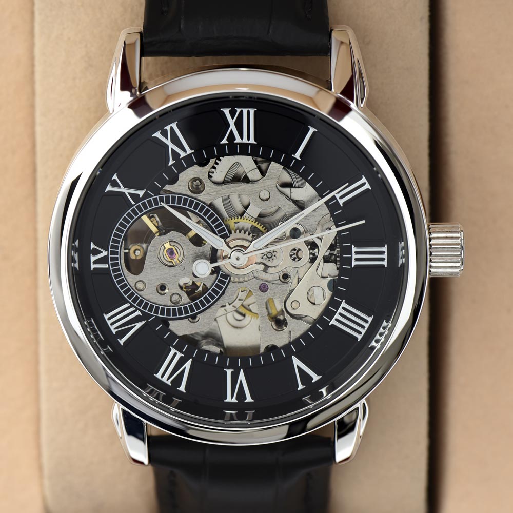 Automatic watch for husband with openwork skeleton dial displayed inside the presentation box