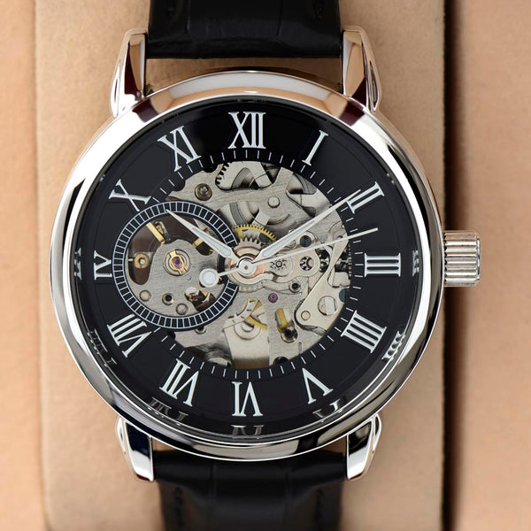 Automatic watch for husband with openwork skeleton dial displayed inside the presentation box
