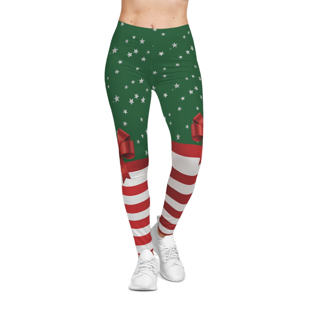 Green leggings with red and white pattern on a white background