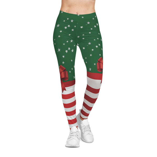 Green leggings with red and white pattern on a white background