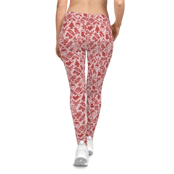 Red and white patterned leggings worn by a person on a white background